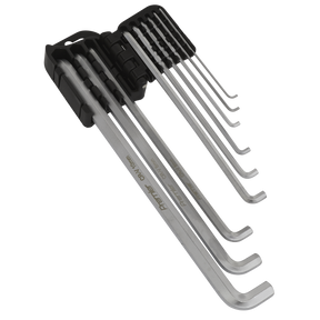 A set of nine extra-long stubby hex keys, made from durable Chrome Vanadium steel, arranged in a black holder by Sealey under the product name "Hex Key Set 9pc Extra-Long Stubby Element Metric - AK7174".