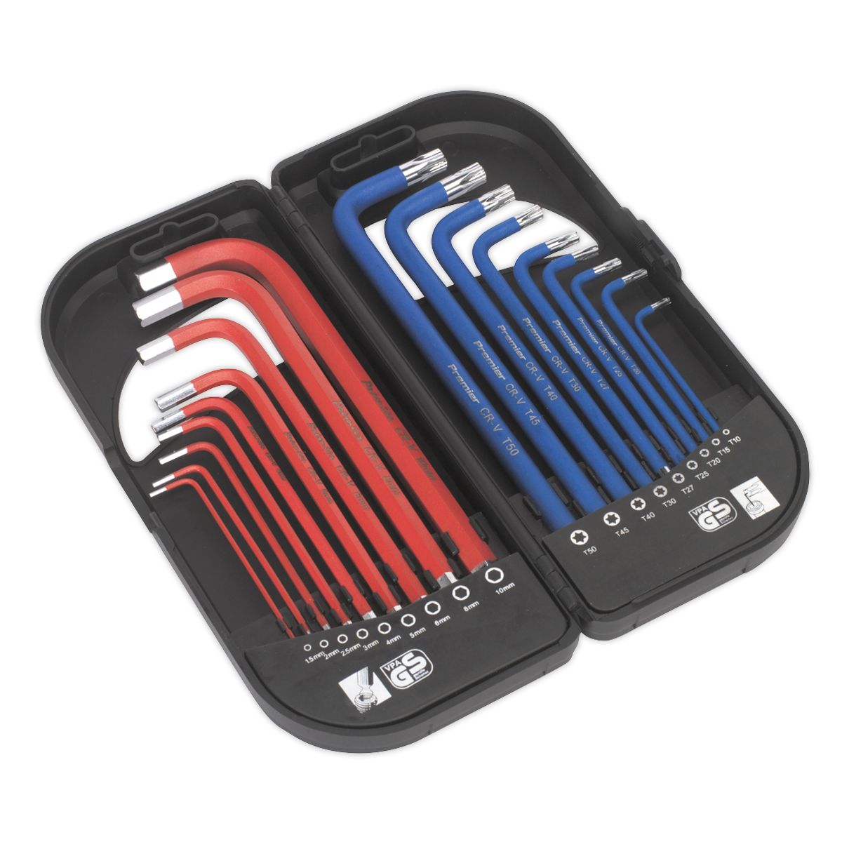 The Sealey TRX-Star* & Ball-End Hex Key Set 18pc Long Anti-Slip - AK7176 comes in a black case with nine red hex wrenches on the left and nine blue hex wrenches on the right. Crafted from durable Chrome Vanadium steel, these Premier Hand Tools guarantee reliability and longevity for all your projects.