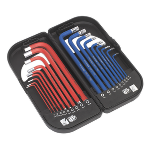 The Sealey TRX-Star* & Ball-End Hex Key Set 18pc Long Anti-Slip - AK7176 comes in a black case with nine red hex wrenches on the left and nine blue hex wrenches on the right. Crafted from durable Chrome Vanadium steel, these Premier Hand Tools guarantee reliability and longevity for all your projects.