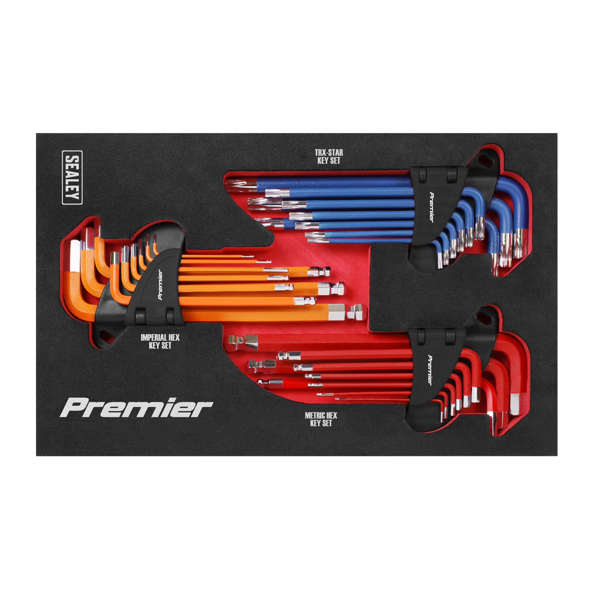 The Sealey Master Hex Key Set 27pc - AK7179 display features Premier Hand Tools with imperial hex key sets in orange, metric hex key sets in red, and TRX-Star key sets in blue. All are crafted from durable Chrome Vanadium steel, neatly organized and held in black mounts.