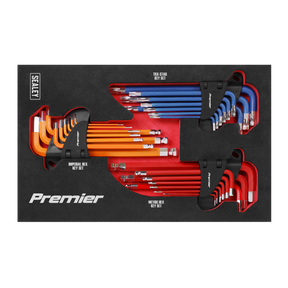 The Sealey Master Hex Key Set 27pc - AK7179 display features Premier Hand Tools with imperial hex key sets in orange, metric hex key sets in red, and TRX-Star key sets in blue. All are crafted from durable Chrome Vanadium steel, neatly organized and held in black mounts.