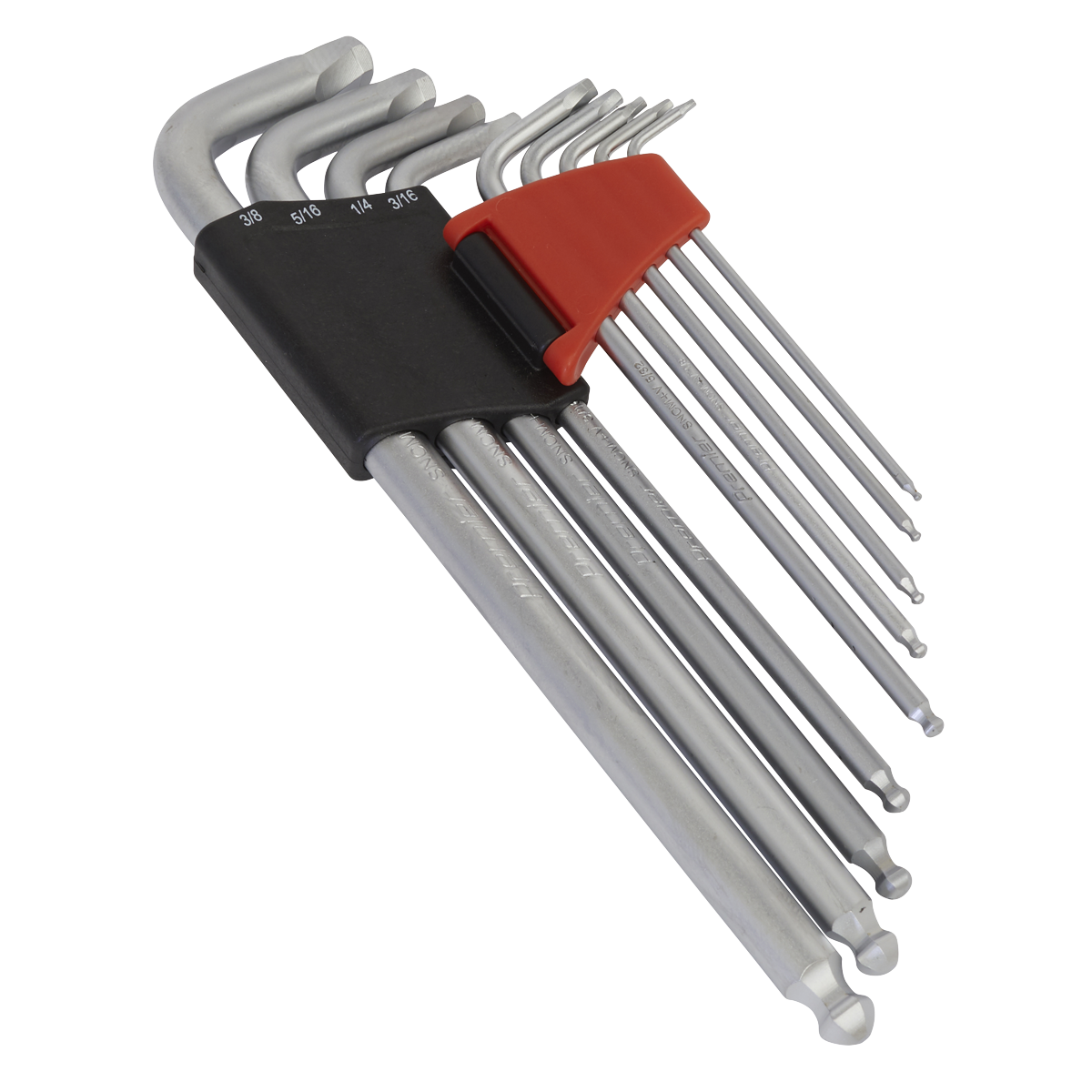 A set of nine Sealey Premier Hand Tools Ball-End Hex Keys, extra-long imperial sizes, crafted from durable Chrome Molybdenum steel and organized in a black and red holder.