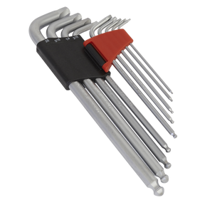 A set of nine Sealey Premier Hand Tools Ball-End Hex Keys, extra-long imperial sizes, crafted from durable Chrome Molybdenum steel and organized in a black and red holder.