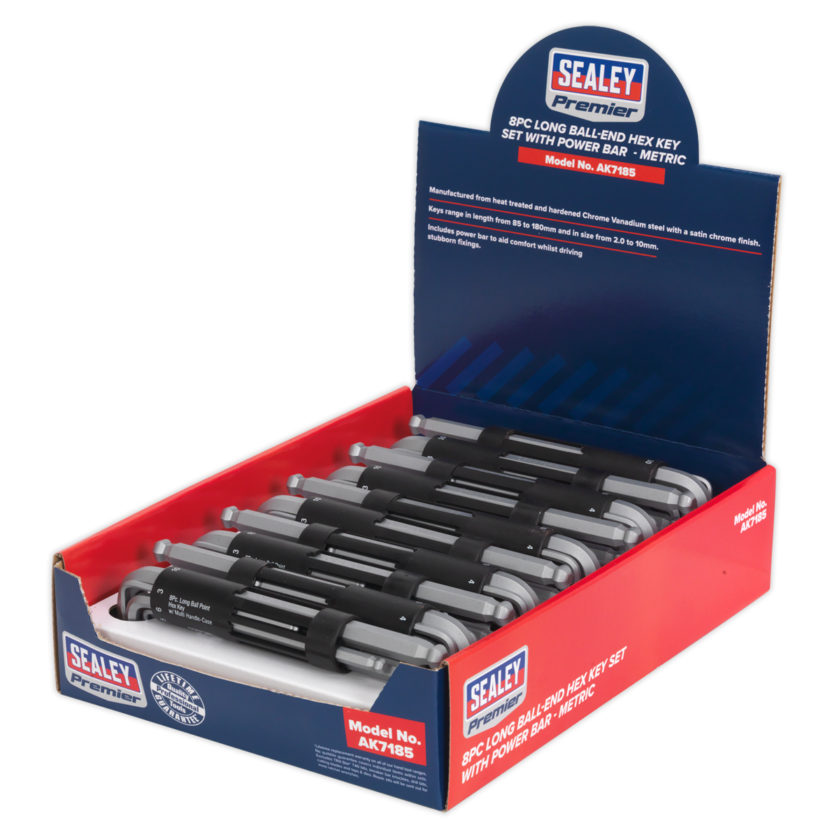 Ball-End Hex Key Set with Power Bar 8pc Long Display Box of 10 - AK7185 - Farming Parts