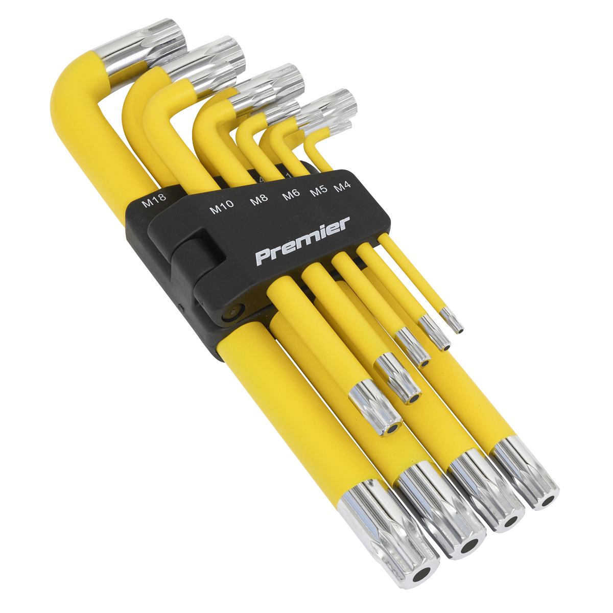 A set of yellow and silver hex keys, neatly arranged in a black holder labeled "Premier Hand Tools," with sizes ranging from M4 to M10, crafted from durable Chrome Vanadium steel. This is the Sealey Jumbo Spline Key Set 9pc Anti-Slip - AK7189.