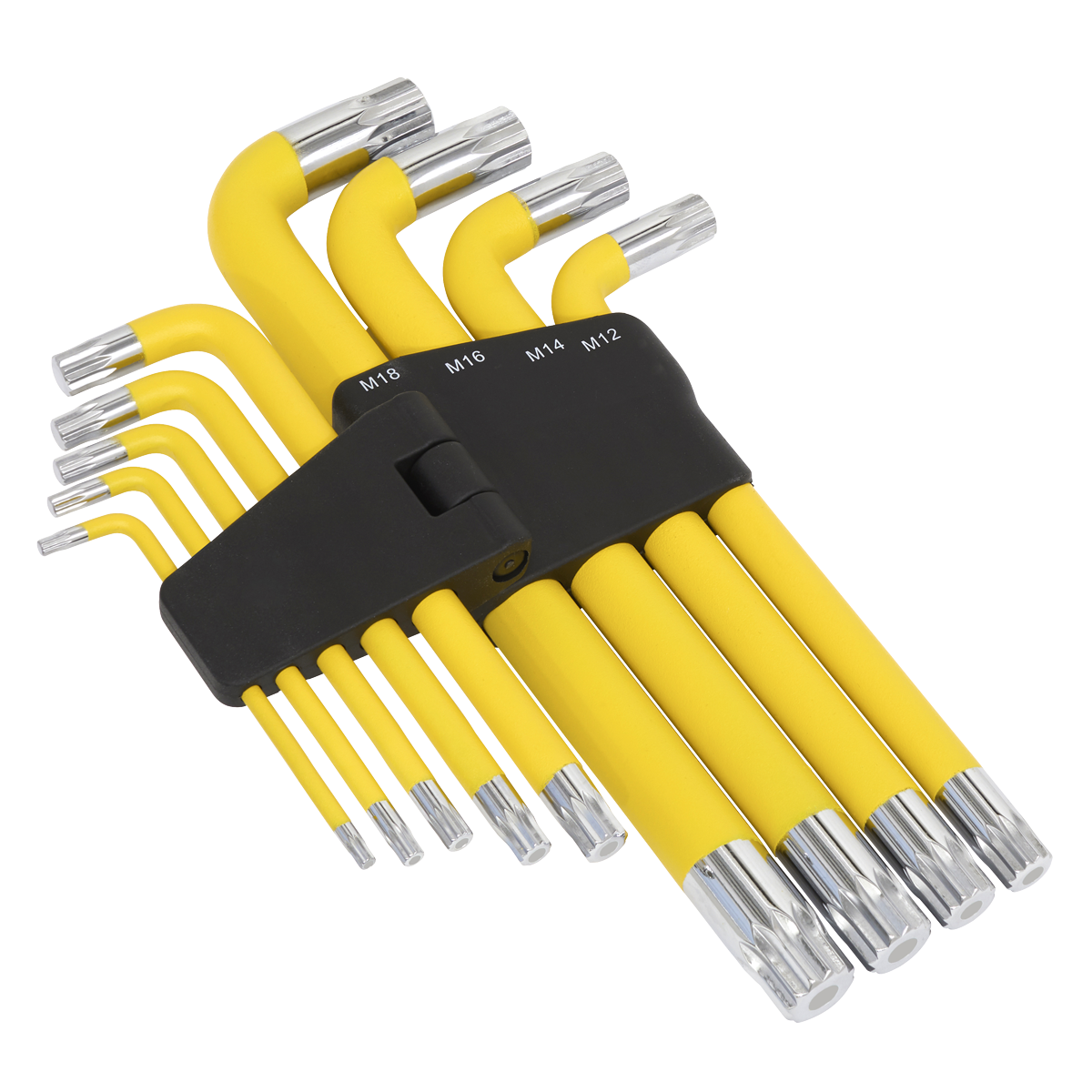 The Sealey Jumbo Spline Key Set 9pc Anti-Slip - AK7189 features a set of yellow L-shaped Allen wrenches in various sizes, all neatly stored in a black plastic holder with visible size markings. Made from durable Chrome Vanadium steel, these premium hand tools come with a lifetime guarantee, ensuring exceptional performance and reliability.