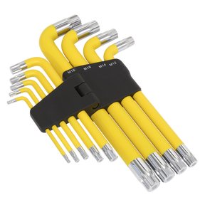 The Sealey Jumbo Spline Key Set 9pc Anti-Slip - AK7189 features a set of yellow L-shaped Allen wrenches in various sizes, all neatly stored in a black plastic holder with visible size markings. Made from durable Chrome Vanadium steel, these premium hand tools come with a lifetime guarantee, ensuring exceptional performance and reliability.
