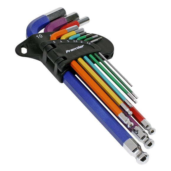 Sealey | Premier Long Colour-Coded Ball-End Hex Key Set 9pc - Display Box of 10 - AK7190DB