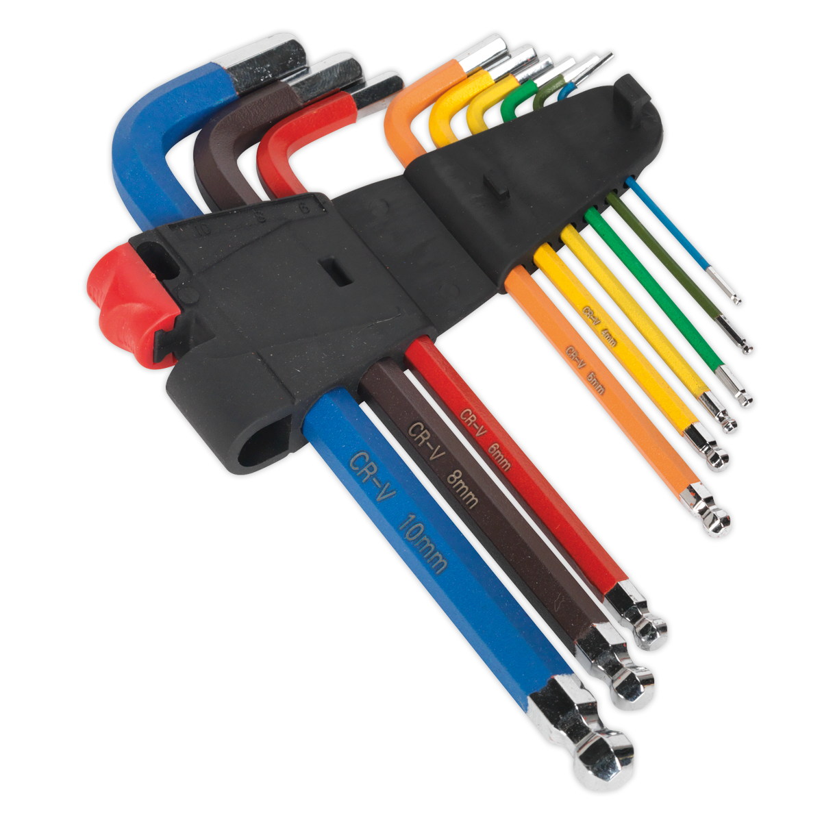 The Ball-End Hex Key Set 9pc Colour-Coded Long Metric - AK7190 by Sealey is crafted from durable Chrome Vanadium steel and features a colour-coded anti-slip design. Arranged by size from smallest to largest, they are neatly held together by a black plastic holder.