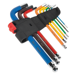 The Ball-End Hex Key Set 9pc Colour-Coded Long Metric - AK7190 by Sealey is crafted from durable Chrome Vanadium steel and features a colour-coded anti-slip design. Arranged by size from smallest to largest, they are neatly held together by a black plastic holder.