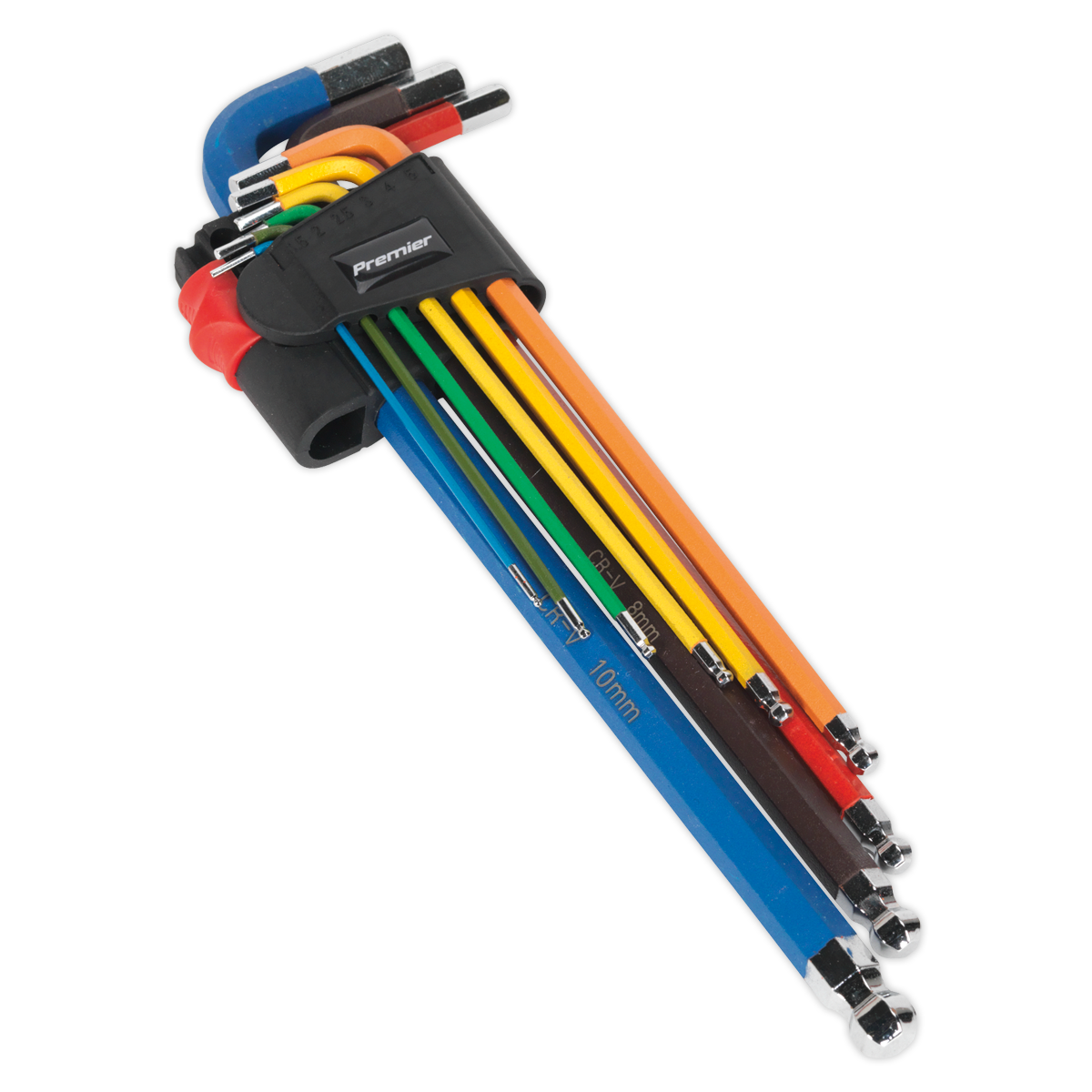 The Sealey Ball-End Hex Key Set (AK7191) features nine color-coded, extra-long metric hex keys. These tools come with anti-slip rubber grips and are organized in a convenient holder. Each key is a different size, clearly marked on the tool, and made from durable Chrome Vanadium steel for long-lasting performance.