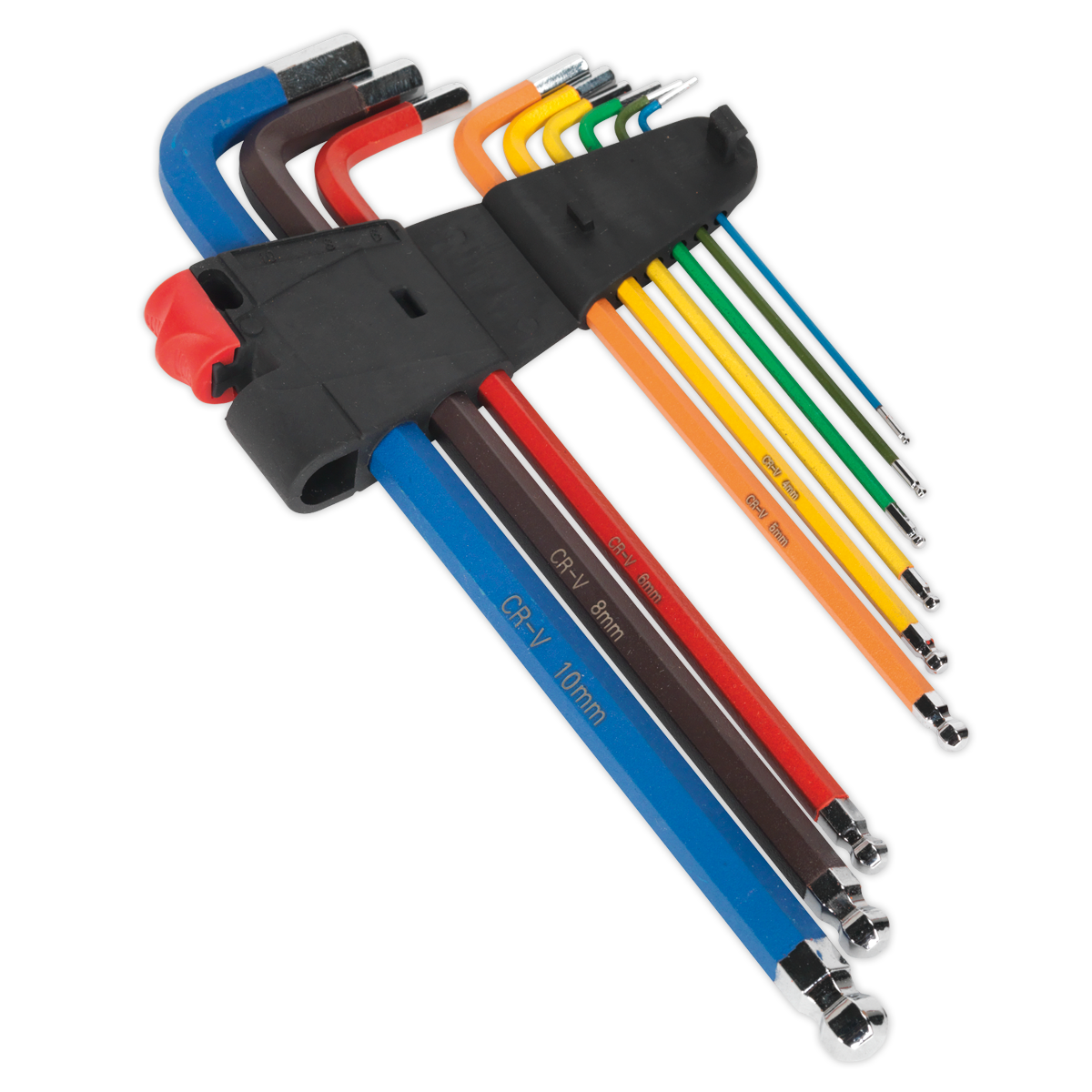 The Sealey Ball-End Hex Key Set 9pc Colour-Coded Extra-Long Metric - AK7191 is a premier collection of hand tools crafted from durable Chrome Vanadium steel. Each hex key is colour-coded for easy identification and features an anti-slip design, all secured in a black plastic holder.