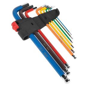 The Sealey Ball-End Hex Key Set 9pc Colour-Coded Extra-Long Metric - AK7191 is a premier collection of hand tools crafted from durable Chrome Vanadium steel. Each hex key is colour-coded for easy identification and features an anti-slip design, all secured in a black plastic holder.