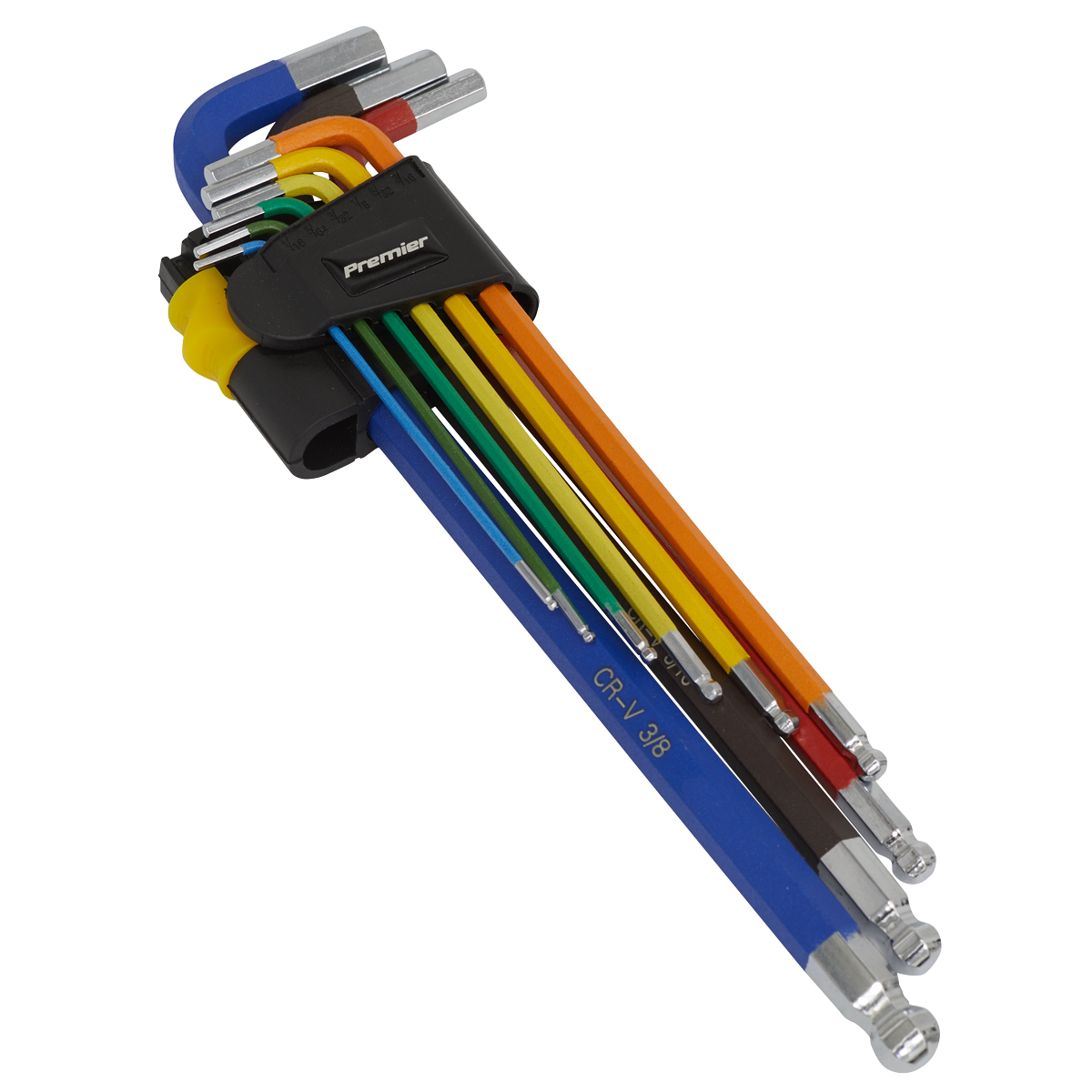 A set of multi-colored hex keys held together by a black holder. Each hex key is a different color and size, with chrome-plated ends and a colour-coded anti-slip coating for ease of use. The holder is branded "Sealey" and the product is named "Ball-End Hex Key Set Extra-Long 9pc Colour-Coded Imperial - AK7198".