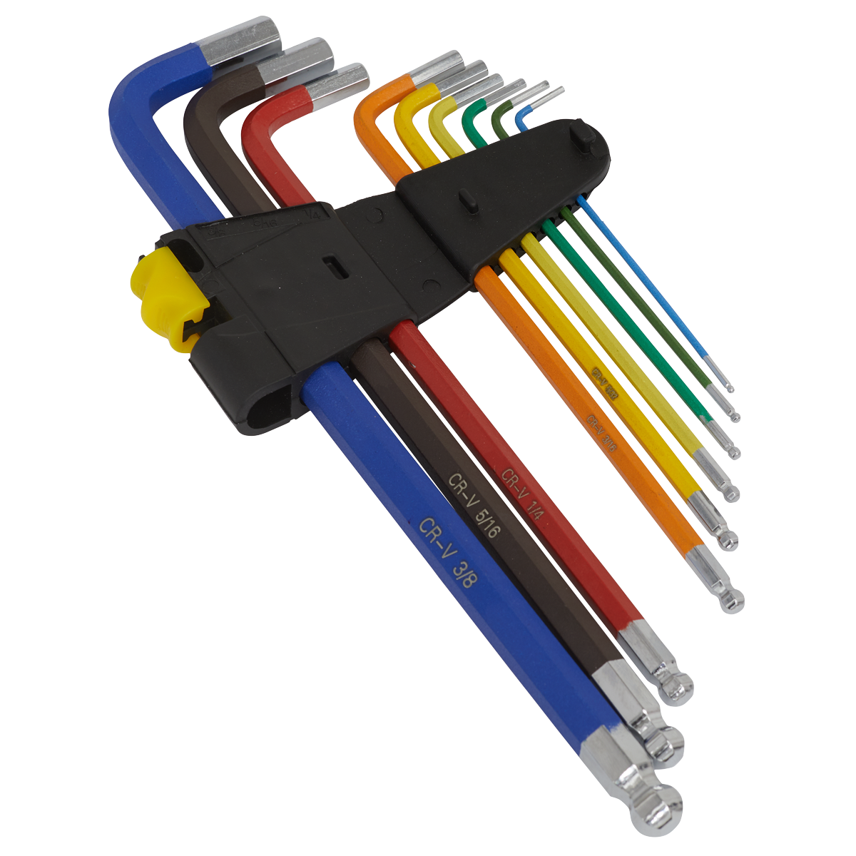 The Sealey Ball-End Hex Key Set Extra-Long 9pc Colour-Coded Imperial - AK7198 includes nine colorful hex keys neatly arranged in a holder, with sizes ranging from small to large. These keys feature different colors for easy identification and ball ends for convenient access. Crafted from durable Chrome Vanadium steel, they are designed to withstand rigorous use.
