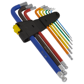 The Sealey Ball-End Hex Key Set Extra-Long 9pc Colour-Coded Imperial - AK7198 includes nine colorful hex keys neatly arranged in a holder, with sizes ranging from small to large. These keys feature different colors for easy identification and ball ends for convenient access. Crafted from durable Chrome Vanadium steel, they are designed to withstand rigorous use.
