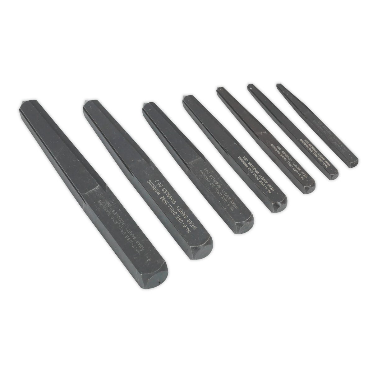 A set of seven Sealey square-type screw extractors, arranged in a row, designed for removing broken screws and fasteners with superior durability.