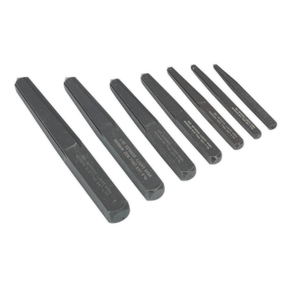 A set of seven Sealey square-type screw extractors, arranged in a row, designed for removing broken screws and fasteners with superior durability.