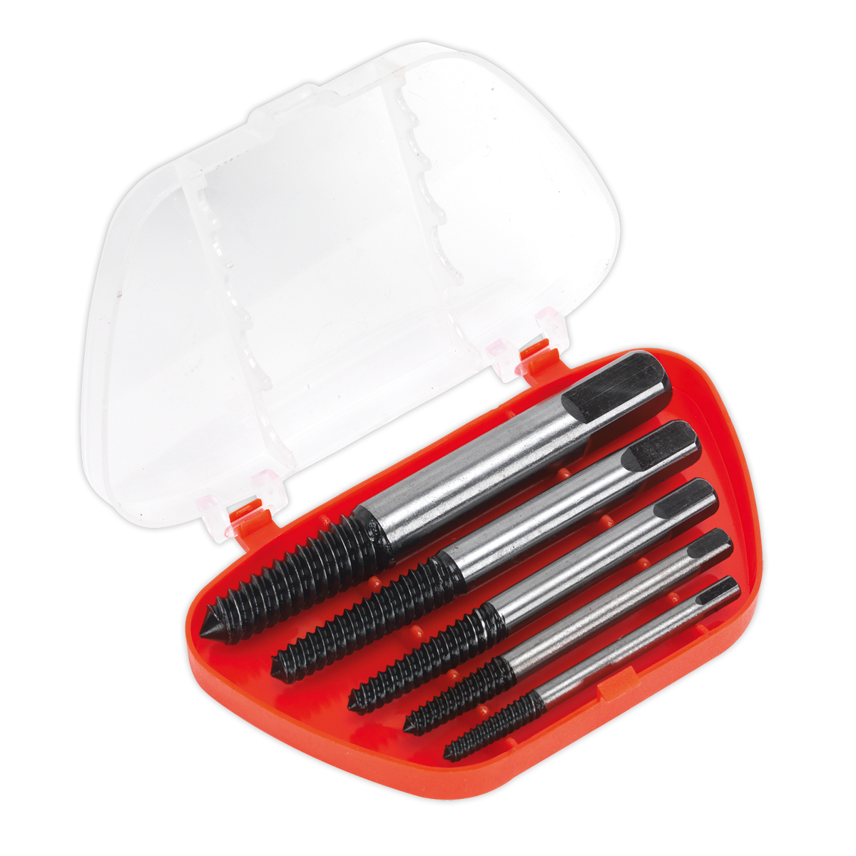 The Sealey Screw Extractor Set 5pc Helix Type - AK722 includes a compact red plastic storage case with a transparent lid, containing five metal screw extractors of varying sizes, crafted from durable Chrome Molybdenum steel for efficient screw removal.