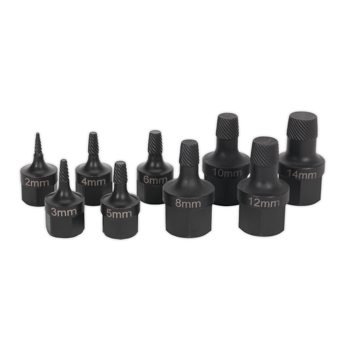 A set of nine black stud extractors, each labeled with its respective size, arranged in two rows on a socket rail from the Sealey brand (Product Name: Stud Extractor Set 9pc - AK7222).