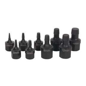 A set of nine black stud extractors, each labeled with its respective size, arranged in two rows on a socket rail from the Sealey brand (Product Name: Stud Extractor Set 9pc - AK7222).
