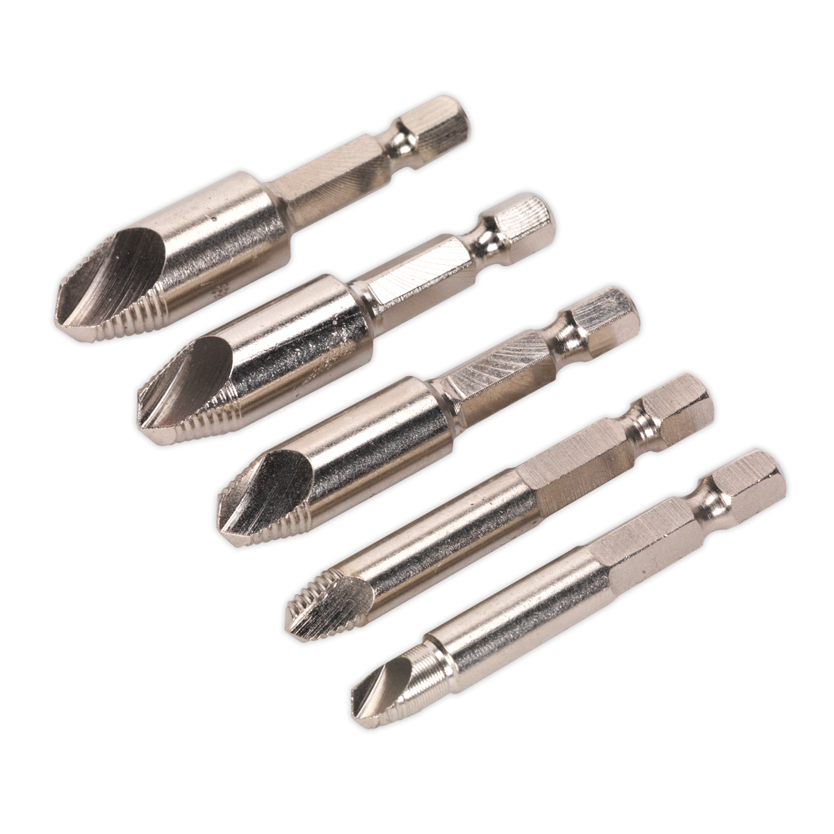 The Sealey HSS Screw Extractor Set 5pc - AK7228 includes five high-speed steel bits, each with a hex shank and a tapered reverse-thread design for effectively removing broken or damaged screws. The set is neatly organized in a durable storage case that accommodates various screw sizes.