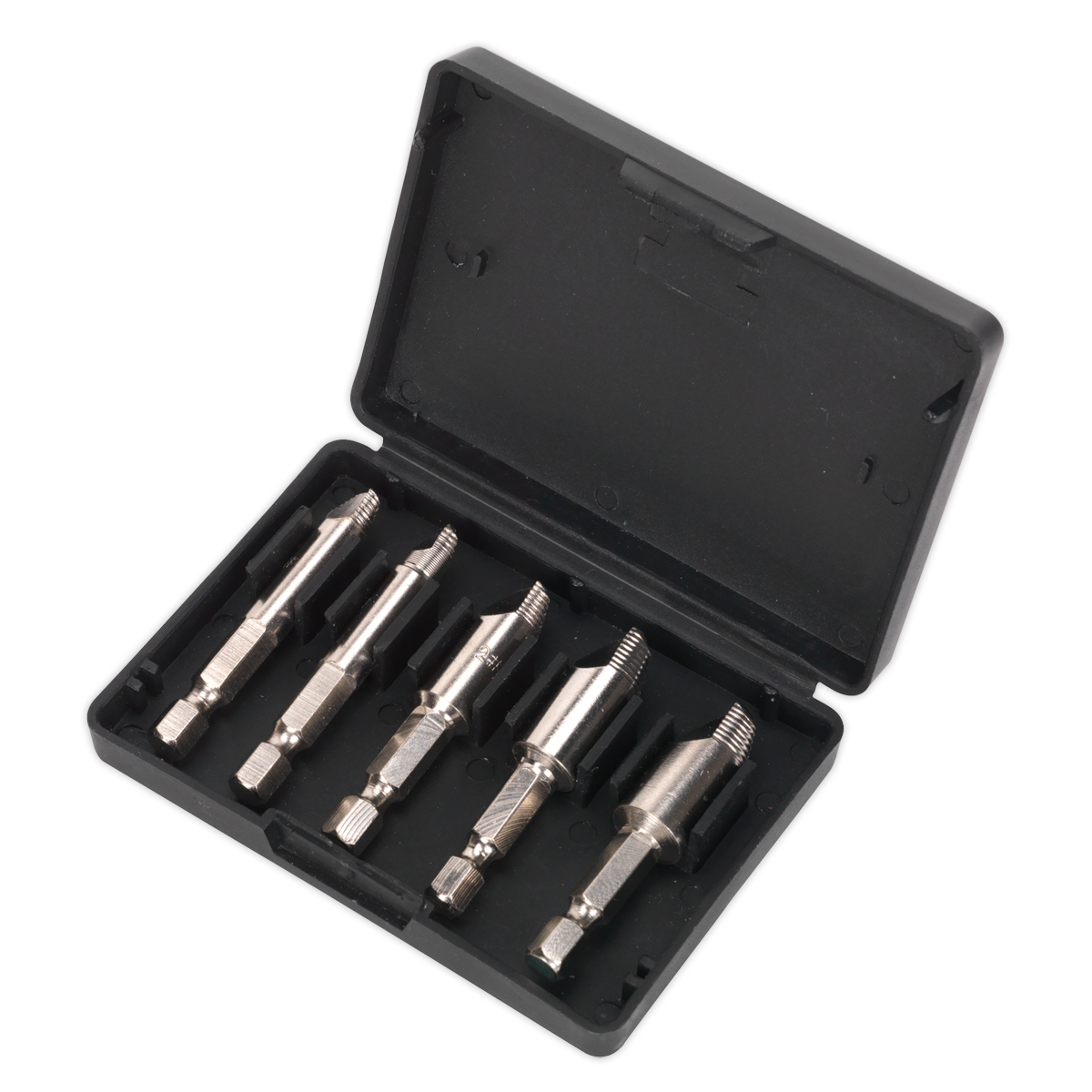 A sturdy storage case from Sealey, containing the HSS Screw Extractor Set 5pc - AK7228, designed to handle various screw sizes.