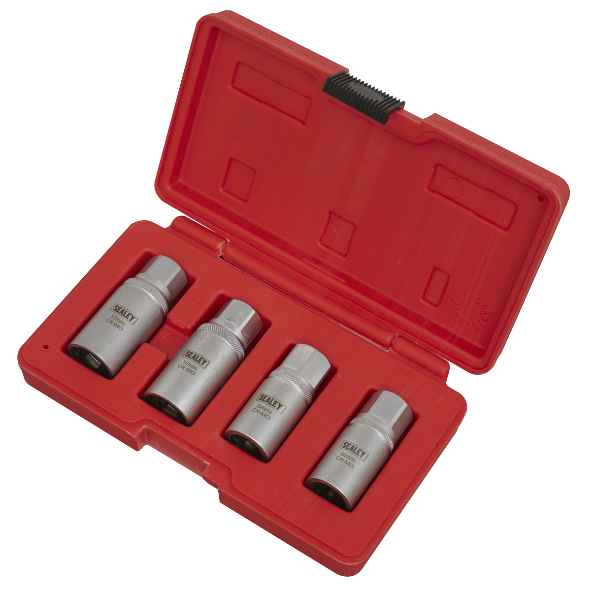 The Sealey Stud Extractor Set 4pc 1/2"Sq Drive Metric - AK723 features a red plastic case housing four corrosion-resistant socket wrenches, crafted from durable Chrome Molybdenum steel.