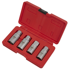 The Sealey Stud Extractor Set 4pc 1/2"Sq Drive Metric - AK723 features a red plastic case housing four corrosion-resistant socket wrenches, crafted from durable Chrome Molybdenum steel.