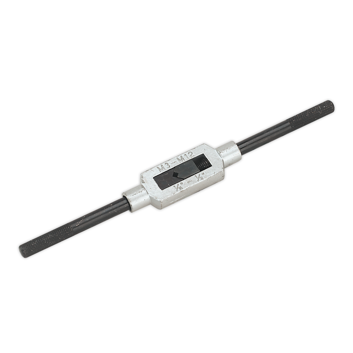 The Sealey Tap Wrench M3-M12 - AK727 is a steel tool featuring markings for "M3 and M12", a central adjuster, sliding jaws, and handles extending from both ends.