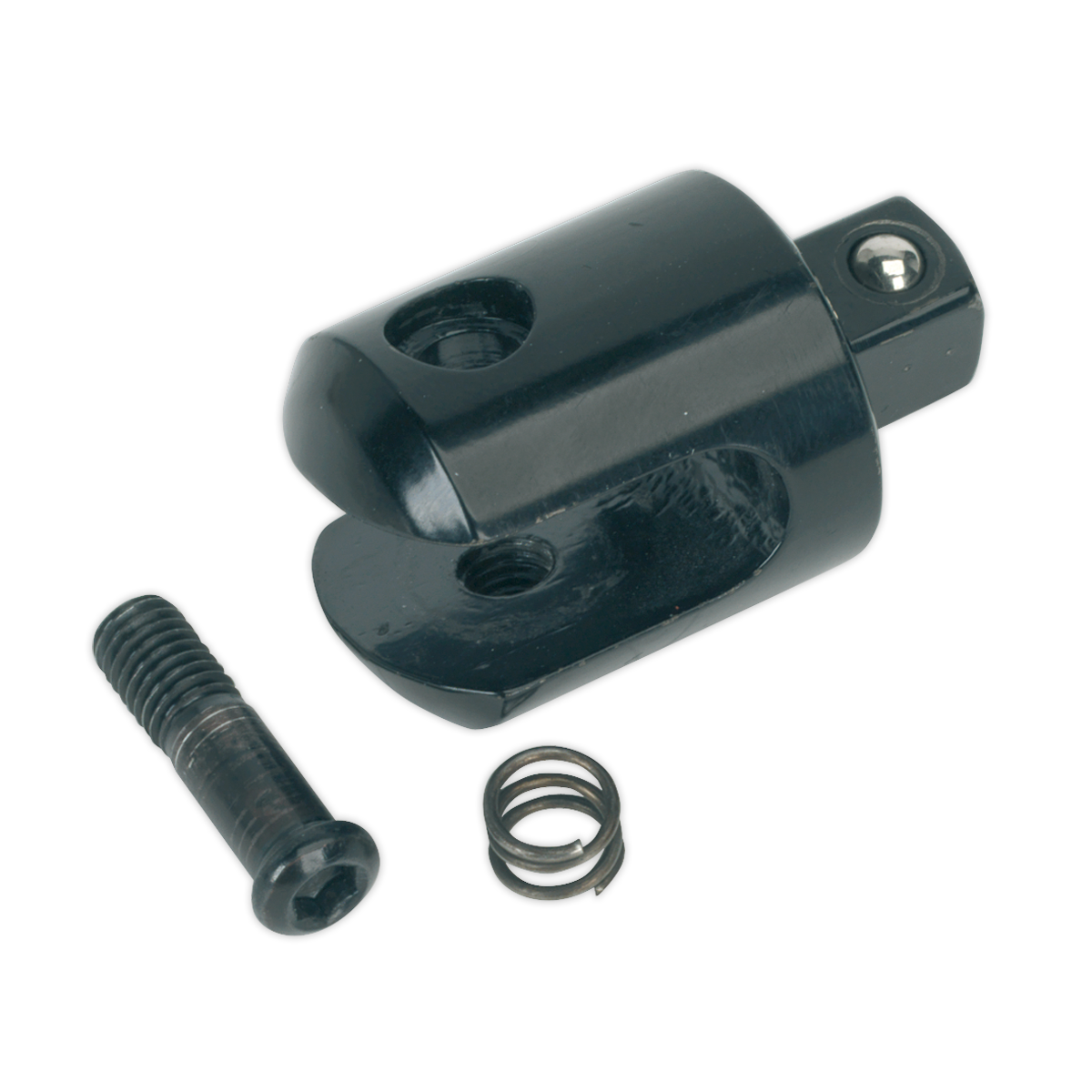 A close-up of the Knuckle 1/2"Sq Drive for AK730 & AK7302 - AK730/RK, crafted with precision by Sealey, featuring a black metal joint assembly with a bolt and spring, ideal for professional automotive applications.