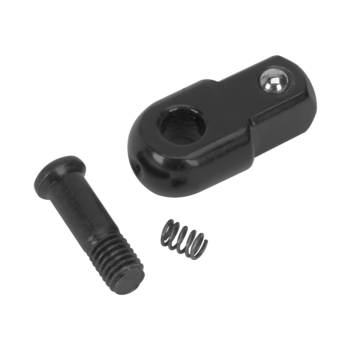 A black metal clevis pin assembly from Sealey, ideal for daily professional use, consisting of a clevis, screw pin, and small spring arranged separately. Product Name: Knuckle 1/2"Sq Drive for AK7301.V2 - AK7301RK.