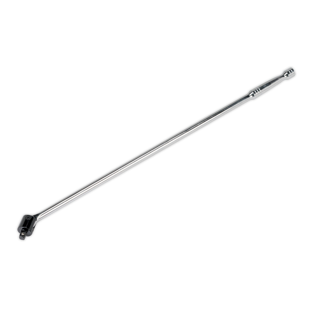 The Sealey Breaker Bar 750mm 1/2"Sq Drive - AK7302, forged from durable Chrome Vanadium steel and ideal for loosening tight bolts, features a chrome-plated steel construction and a ratcheting head for professional use.