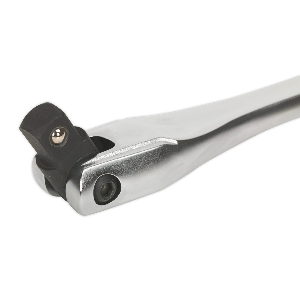 A close-up of the Sealey Breaker Bar 600mm 1/2"Sq Drive - AK7303 reveals its metallic ratchet handle with a black pivoting head, meticulously crafted from durable Chrome Vanadium steel.