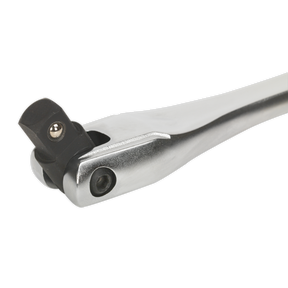 A close-up of the Sealey Breaker Bar 600mm 1/2"Sq Drive - AK7303 reveals its metallic ratchet handle with a black pivoting head, meticulously crafted from durable Chrome Vanadium steel.