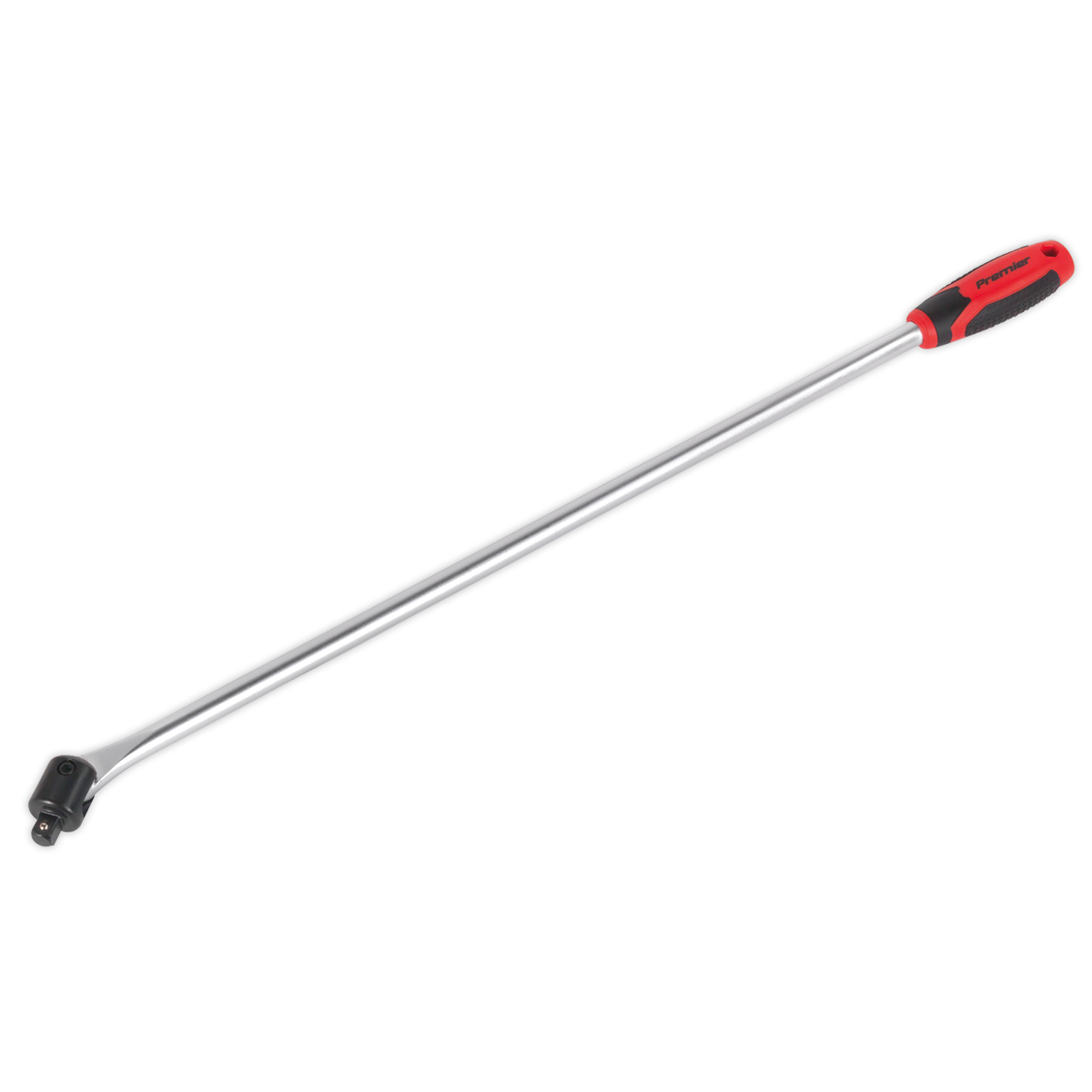 Image of the Sealey Breaker Bar 750mm 1/2"Sq Drive - AK7305, featuring a long metallic handle and a black and red rubber grip. Crafted from Chrome Vanadium, this tool is part of the Premier Hand Tools collection, designed to apply torque to turn bolts and nuts efficiently.