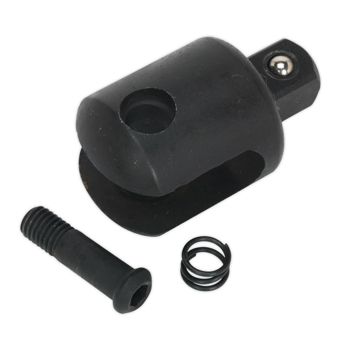 Introducing the Knuckle 1/2" Sq Drive for AK730B, AK730G, AK730R, AK730BL, AK7304 & AK7305 - AK730B.RK by Sealey—a black cylindrical socket adapter featuring a ball bearing on one end and accompanied by a screw and spring. Crafted with the precision that defines Premier Hand Tools.