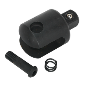 Introducing the Knuckle 1/2" Sq Drive for AK730B, AK730G, AK730R, AK730BL, AK7304 & AK7305 - AK730B.RK by Sealey—a black cylindrical socket adapter featuring a ball bearing on one end and accompanied by a screw and spring. Crafted with the precision that defines Premier Hand Tools.