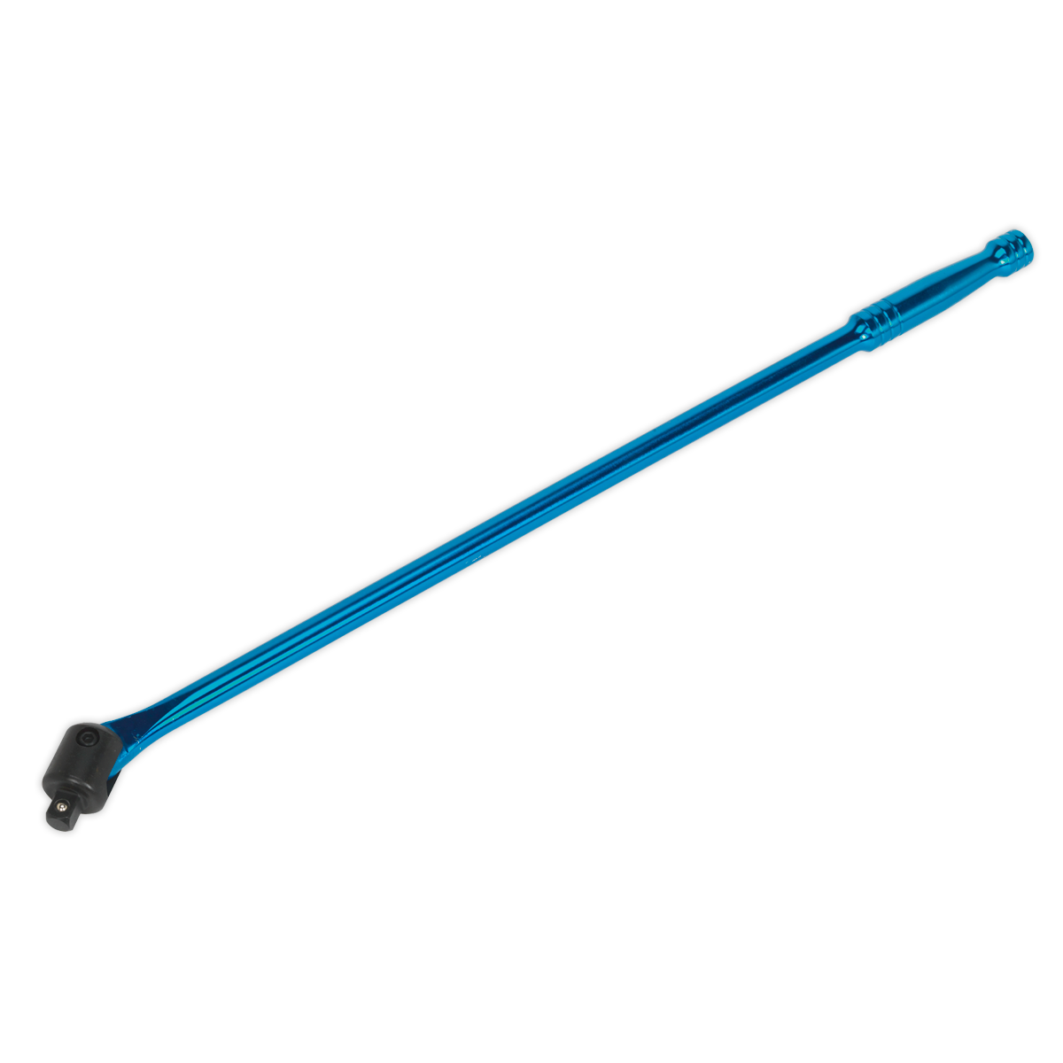 The Sealey Breaker Bar 600mm 1/2" Square Drive Blue - AK730B features a blue handle and a square drive socket head on one end, positioned diagonally. It is crafted from durable Chrome Vanadium steel and comes with Premier Hand Tools' lifetime guarantee.