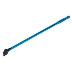 The Sealey Breaker Bar 600mm 1/2" Square Drive Blue - AK730B features a blue handle and a square drive socket head on one end, positioned diagonally. It is crafted from durable Chrome Vanadium steel and comes with Premier Hand Tools' lifetime guarantee.