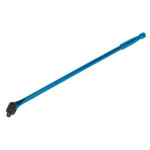 The Sealey Breaker Bar 600mm 1/2" Square Drive Blue - AK730B features a blue handle and a square drive socket head on one end, positioned diagonally. It is crafted from durable Chrome Vanadium steel and comes with Premier Hand Tools' lifetime guarantee.