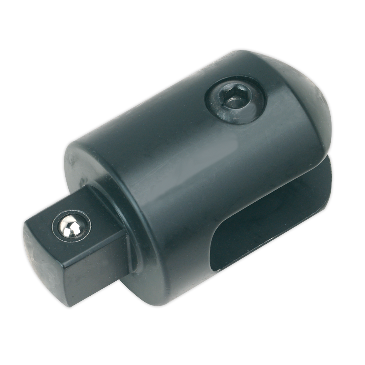 A black, cylindrical adapter for professional use, featuring a square male connector on one end and a round female opening secured by a screw on the other end from Sealey. This product is known as the Knuckle 1"Sq Drive for AK7313 - AK7313/RK.