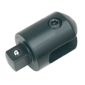 A black, cylindrical adapter for professional use, featuring a square male connector on one end and a round female opening secured by a screw on the other end from Sealey. This product is known as the Knuckle 1"Sq Drive for AK7313 - AK7313/RK.