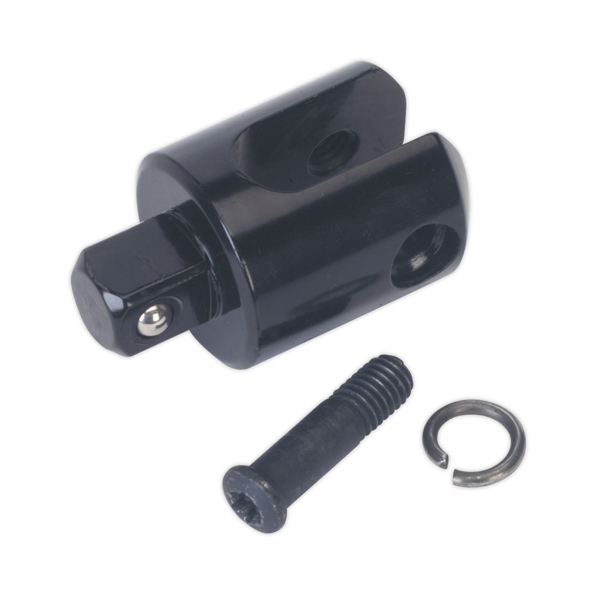 A black mechanical coupling piece with cylindrical ends, a screw, and a washer from Sealey called the Knuckle 1/2" Sq Drive for AK7315 - AK7315/RK.