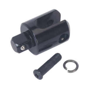 A black mechanical coupling piece with cylindrical ends, a screw, and a washer from Sealey called the Knuckle 1/2" Sq Drive for AK7315 - AK7315/RK.