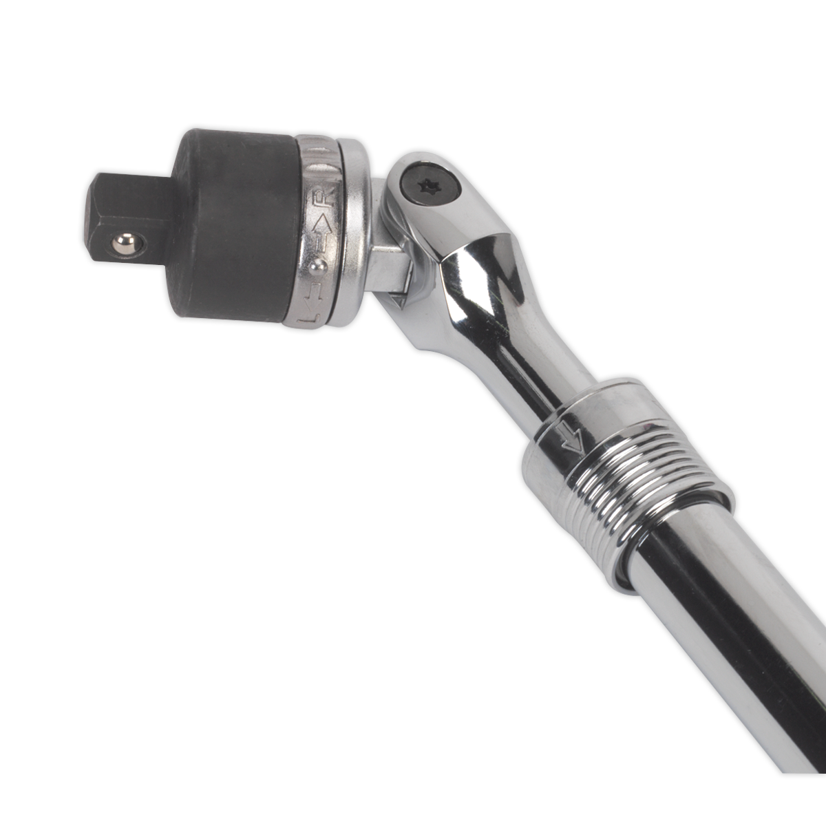 Sealey's Ratcheting Breaker Bar Extendable 1/2"Sq Drive (Model AK7316) features a chrome-plated, 36-tooth ratchet with a flexible head and knurled handle for enhanced grip, crafted from durable Chrome Vanadium steel, displayed against a plain background.