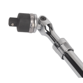 Sealey's Ratcheting Breaker Bar Extendable 1/2"Sq Drive (Model AK7316) features a chrome-plated, 36-tooth ratchet with a flexible head and knurled handle for enhanced grip, crafted from durable Chrome Vanadium steel, displayed against a plain background.