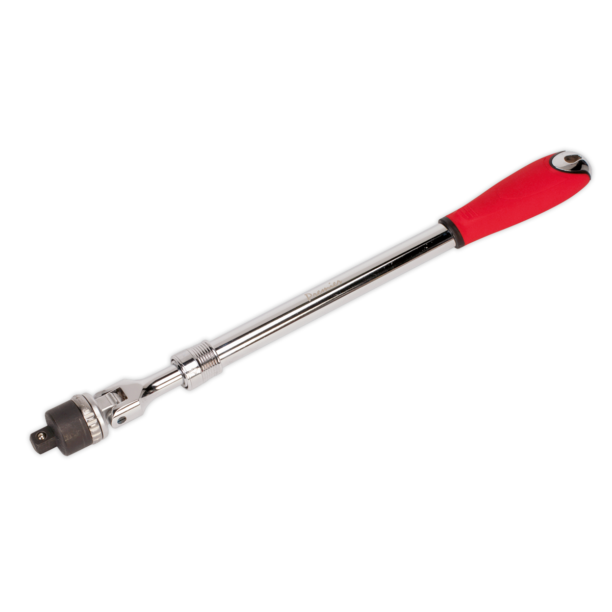 The Ratcheting Breaker Bar Extendable 1/2"Sq Drive - AK7316 by Sealey features a chrome finish, a red handle made from Chrome Vanadium steel, and a flexible 36-tooth ratchet head.