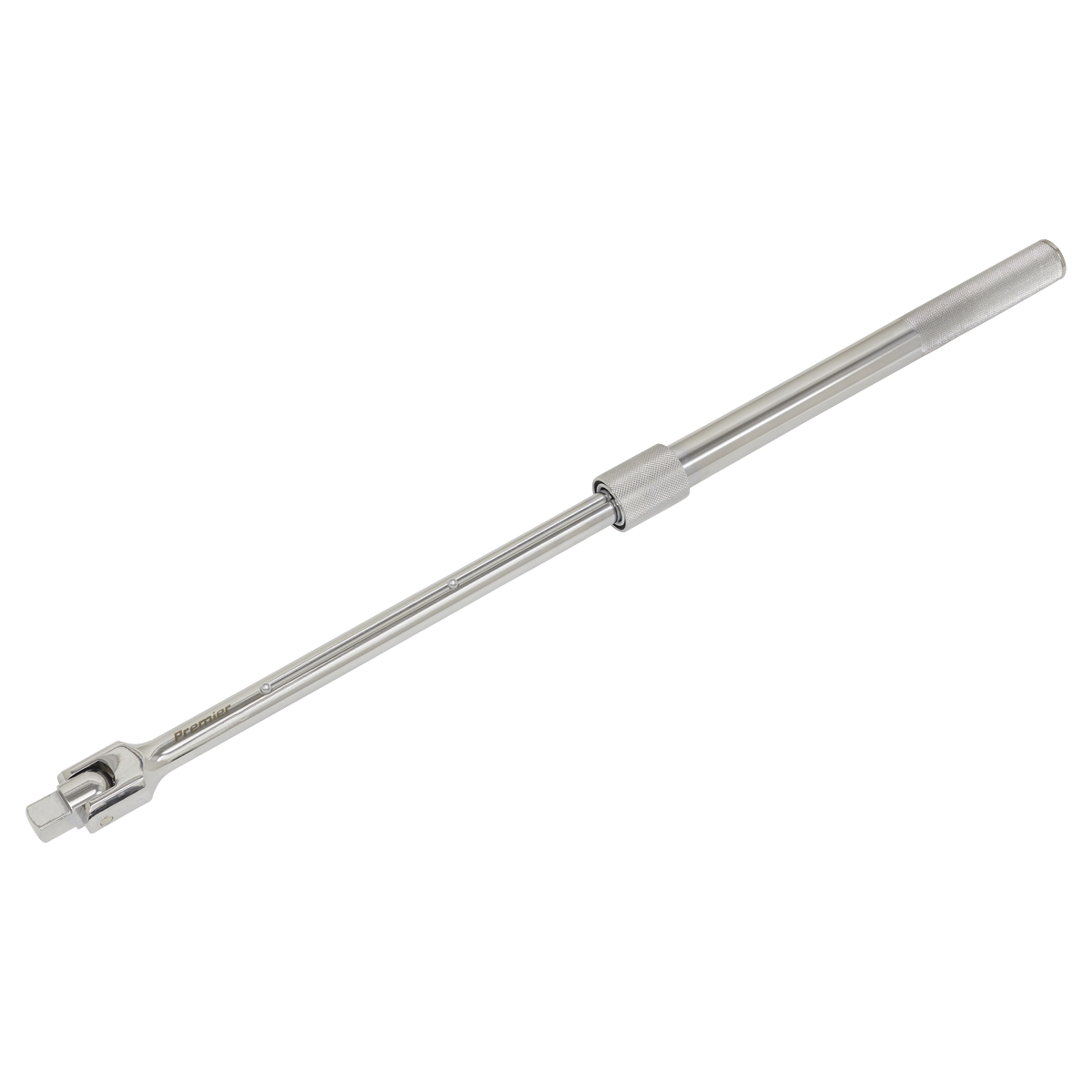 A Sealey Breaker Bar Extendable 3/4"Sq Drive 540-800mm - AK7318, featuring a silver Chrome Vanadium steel construction, a knurled handle, and a pivoting socket head at one end, with a lifetime guarantee from Premier Hand Tools.