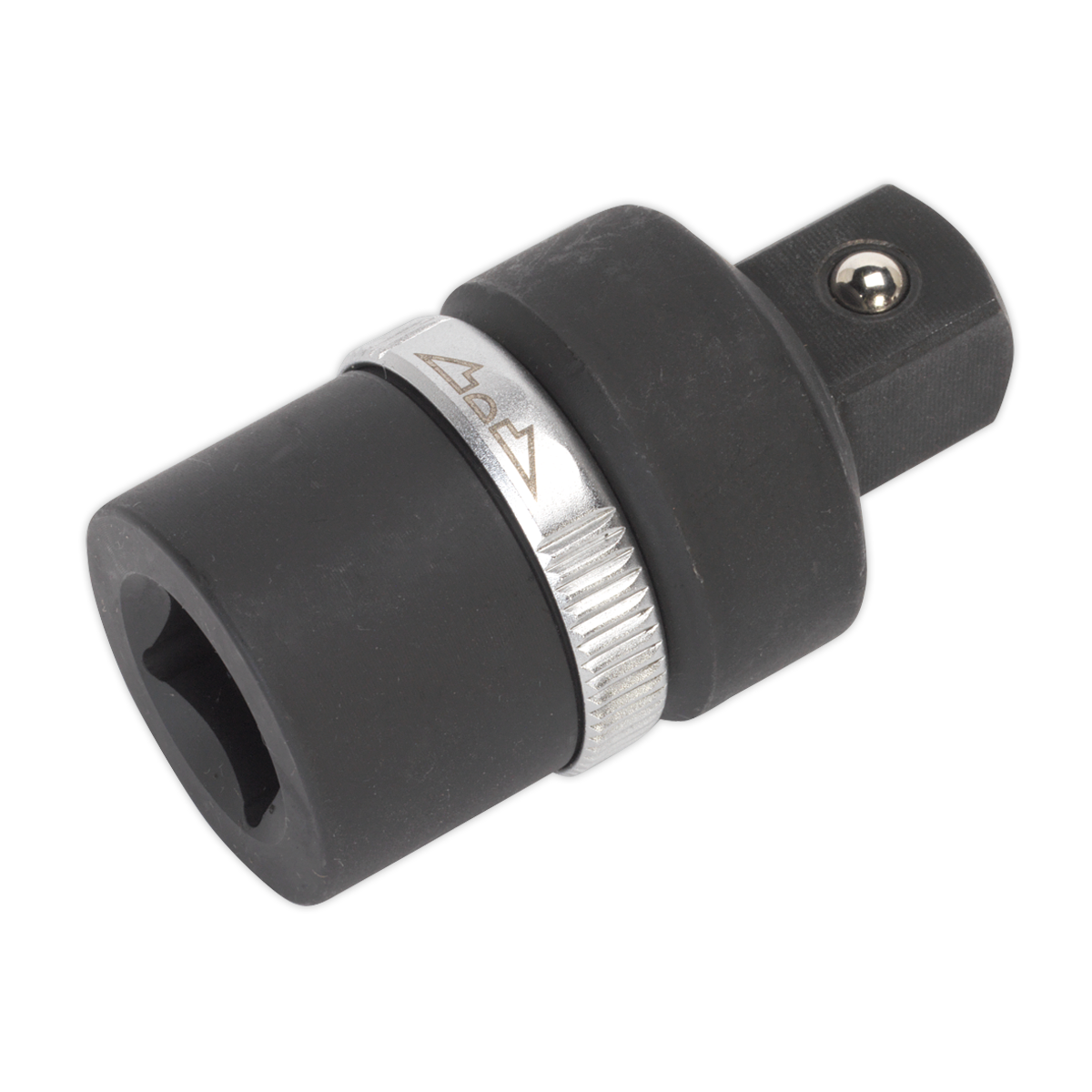 A black ratchet adaptor with a cylindrical shape and a metallic ring in the middle, the Sealey Ratchet Adaptor 3/4"Sq Drive - AK7371 is meticulously designed for fitting sockets onto a drive tool, epitomizing Sealey's commitment to quality and corrosion resistance.